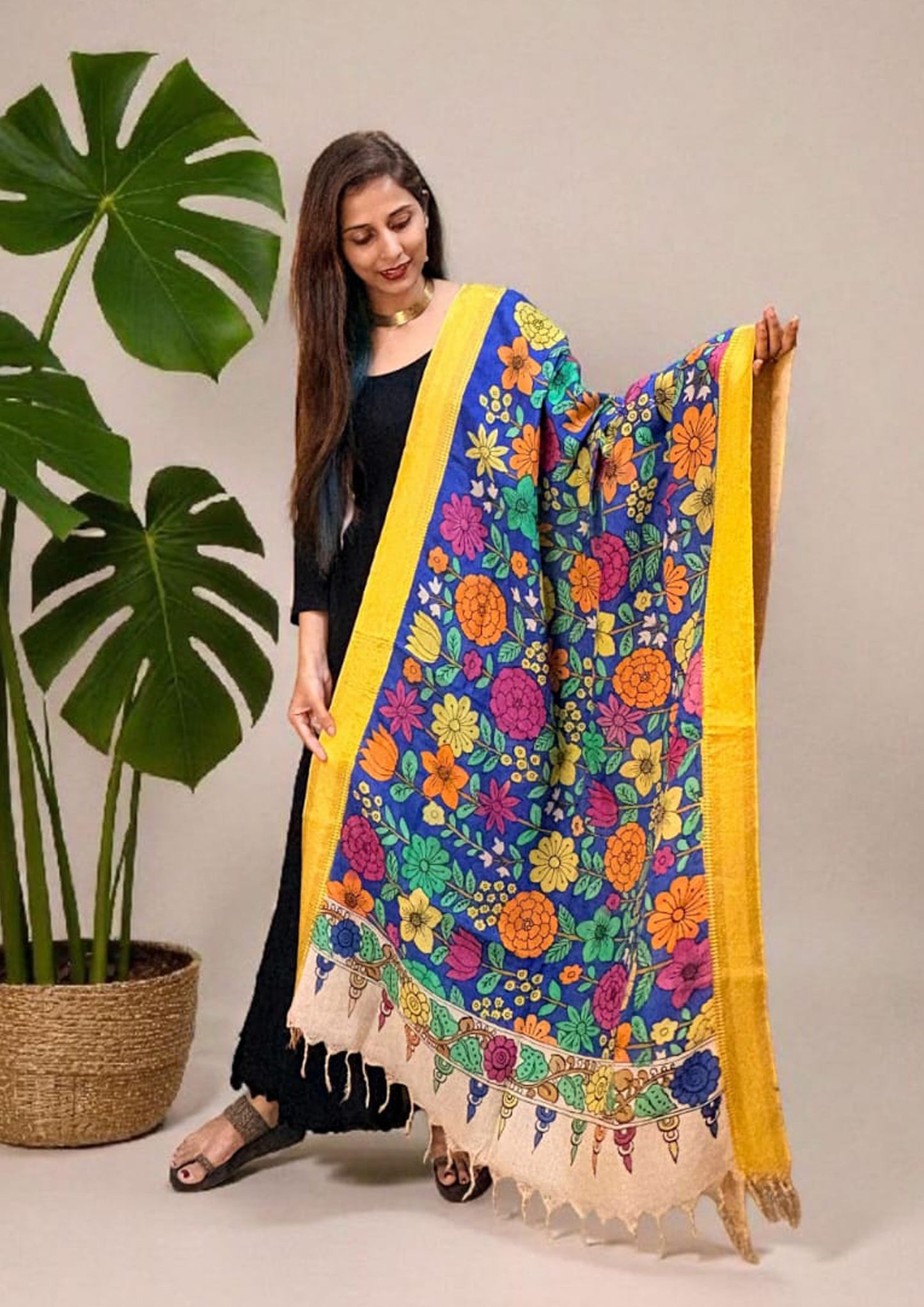 Kalamkari Handpainted Dupatta- Blue K12