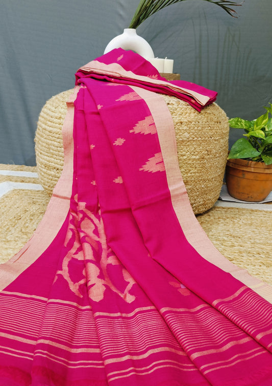 Cotton Jamdani Phool Buti Saree- Pink