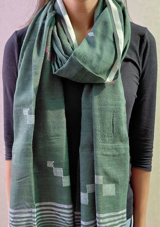 Jamdani Stole- Dark Green