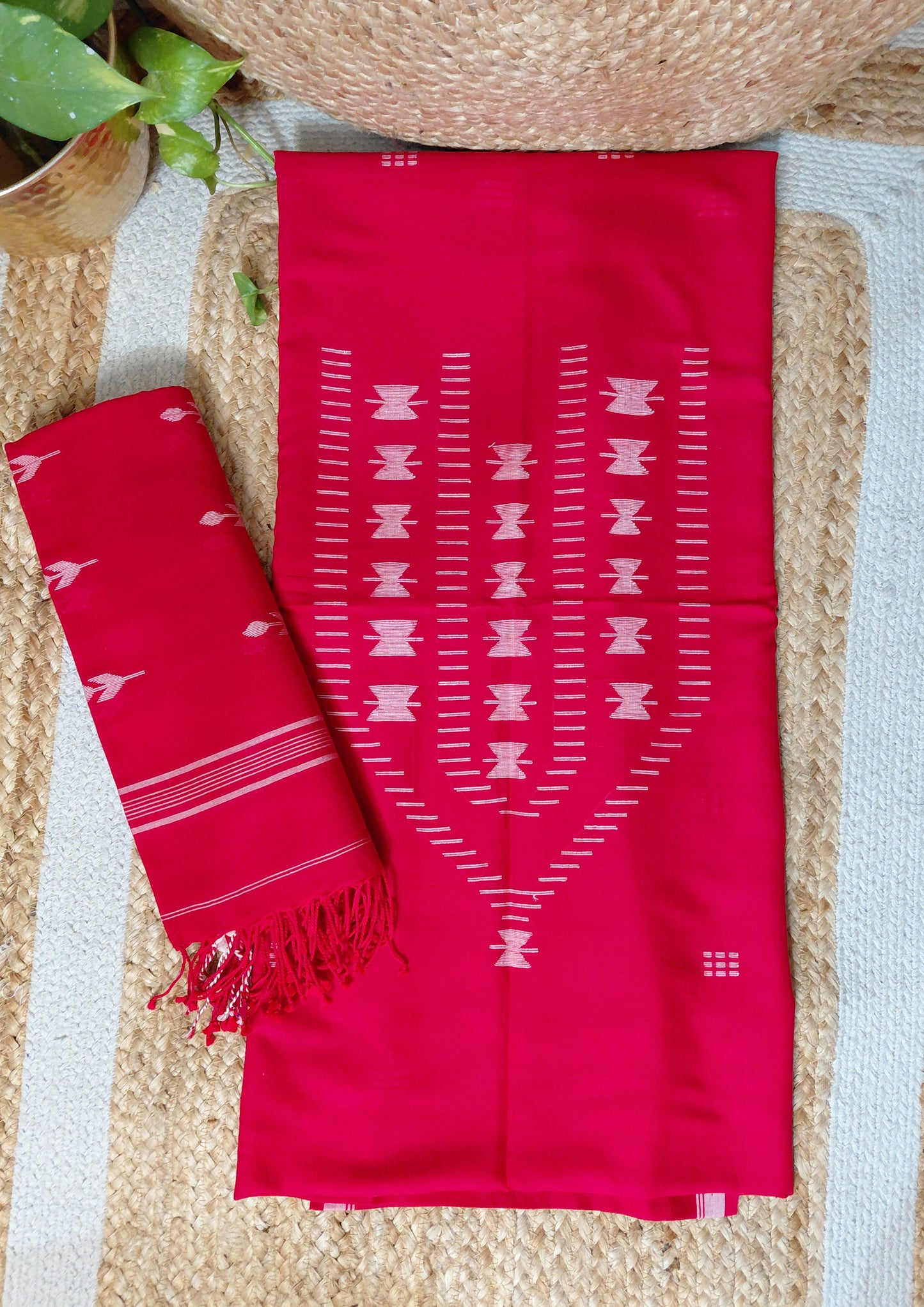 Jamdani Cotton Suit- Red JS1