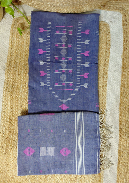 Jamdani Cotton Suit- Denim Blue JS2