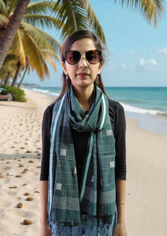 Jamdani Stole- Dark Green HJ28