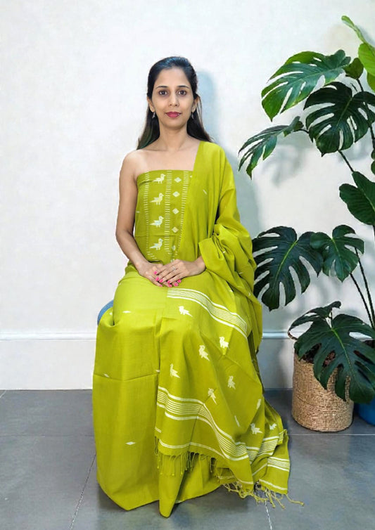 Jamdani Cotton Suit- Lime Green JS4