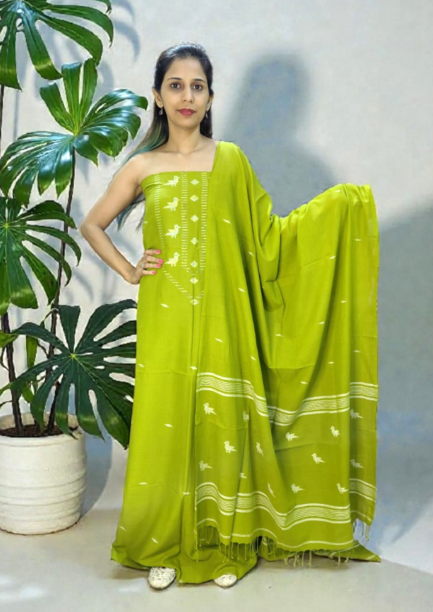 Jamdani Cotton Suit- Lime Green JS4