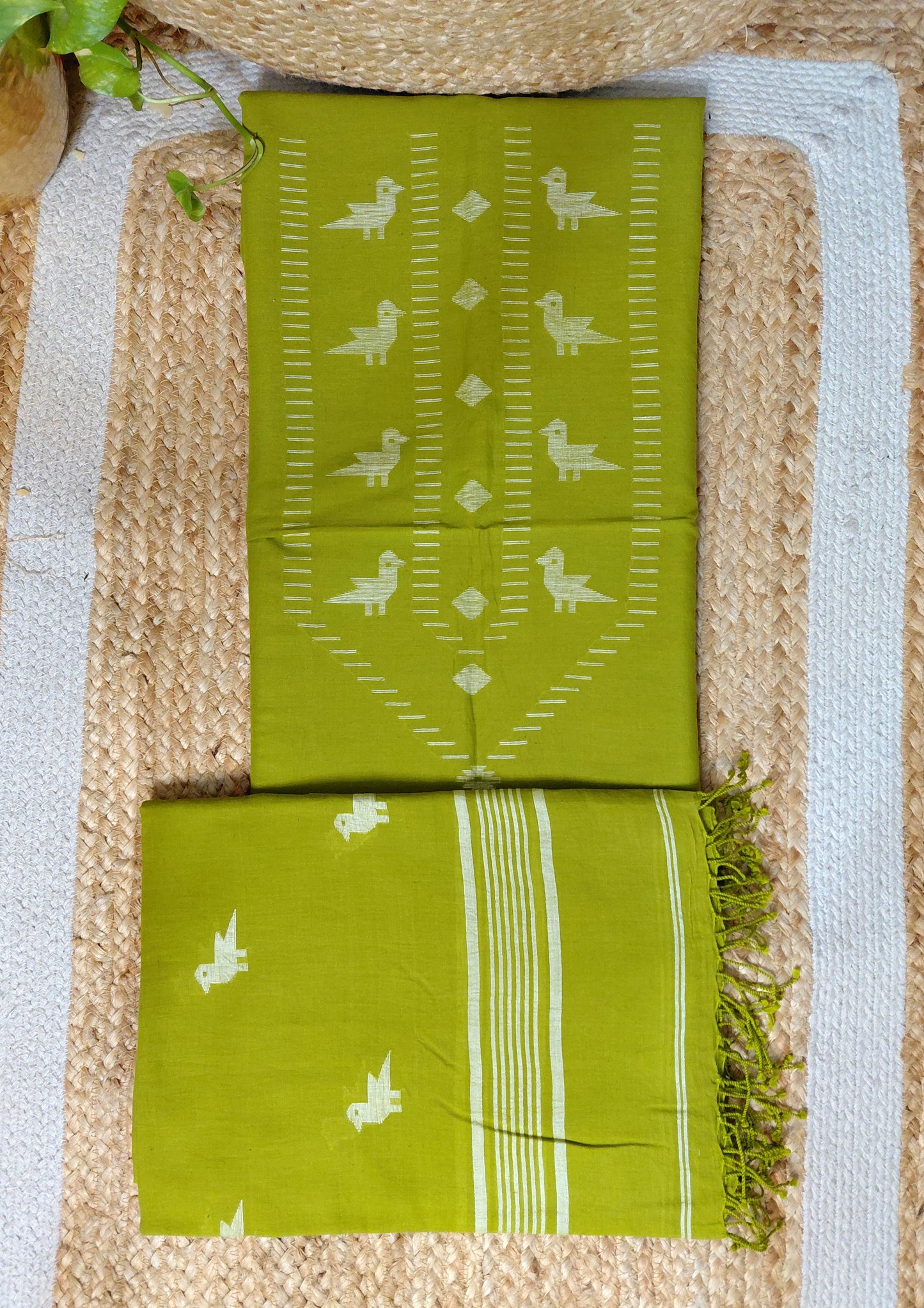 Jamdani Cotton Suit- Lime Green JS4