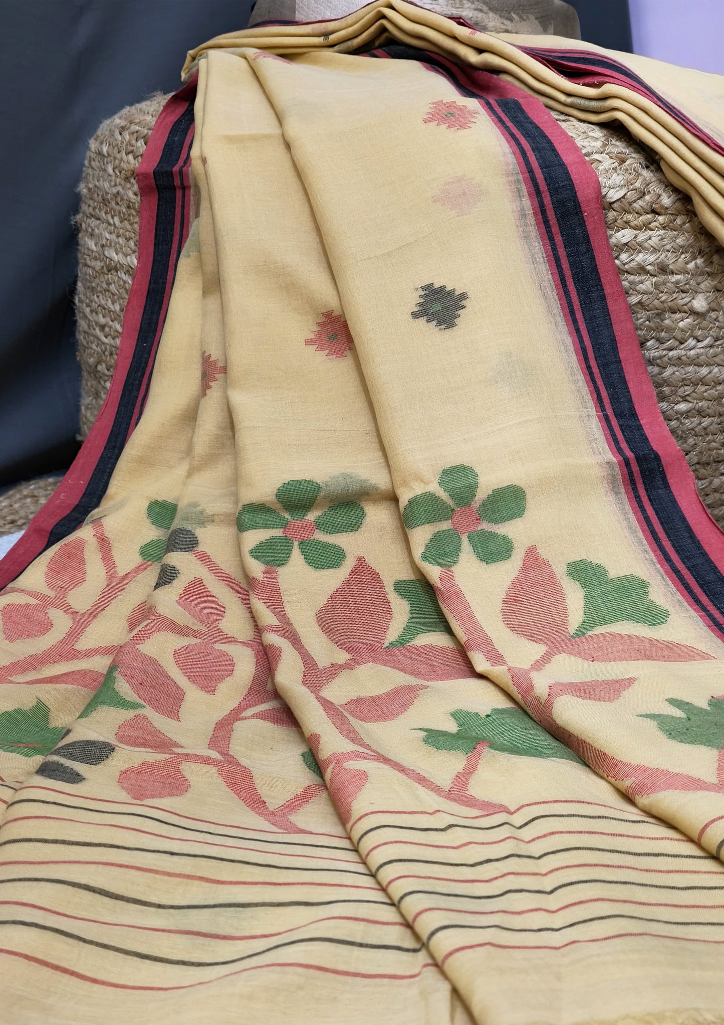 Cotton Jamdani Phool Buti- Cream