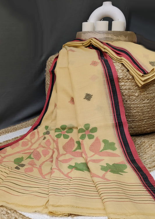 Cotton Jamdani Phool Buti- Cream
