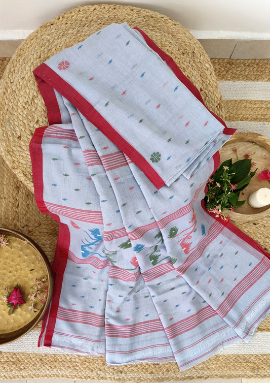 Cotton Jamdani Buti J27- Ice blue