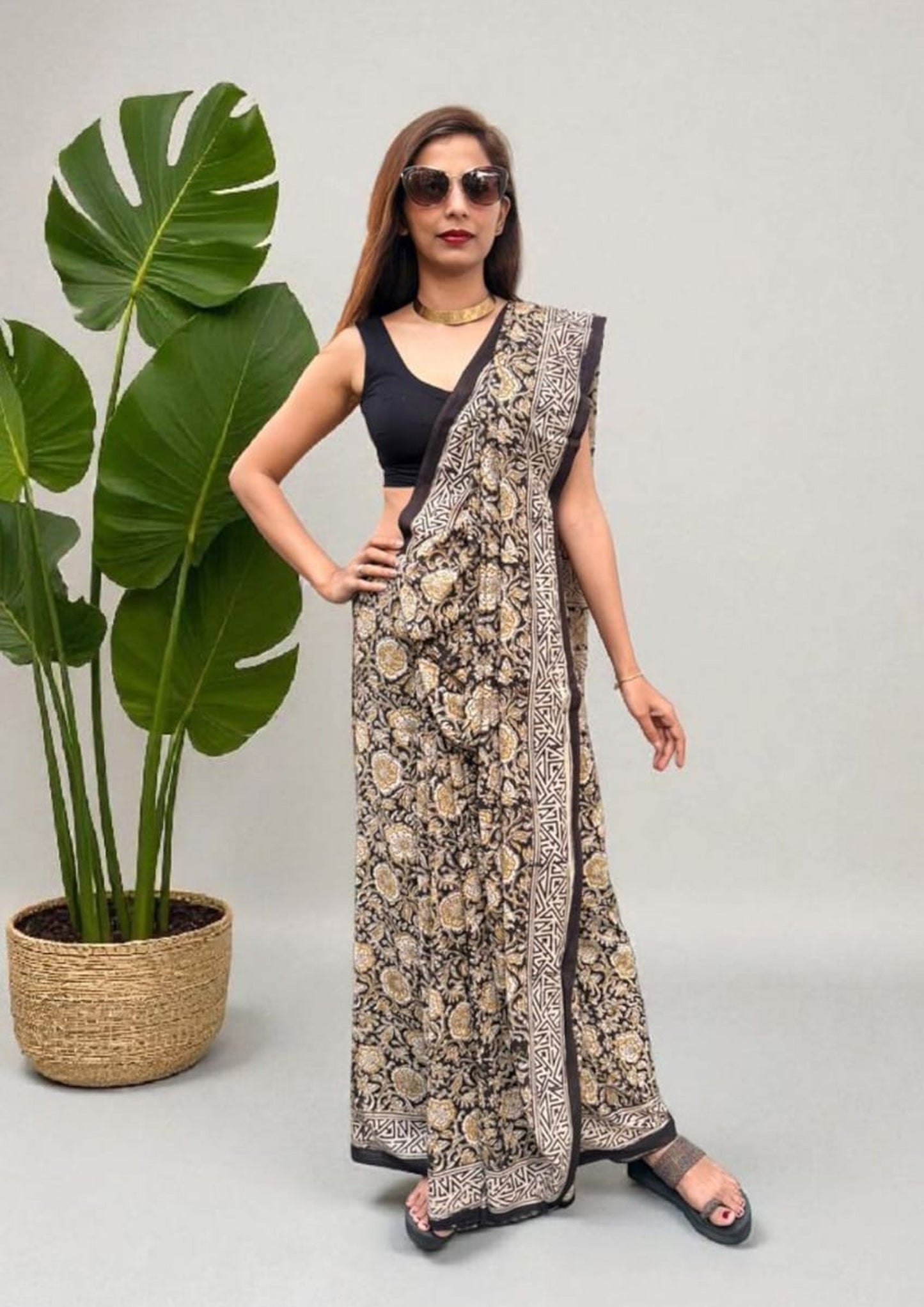 Handblock Printed Kalamkari Saree- HBK7