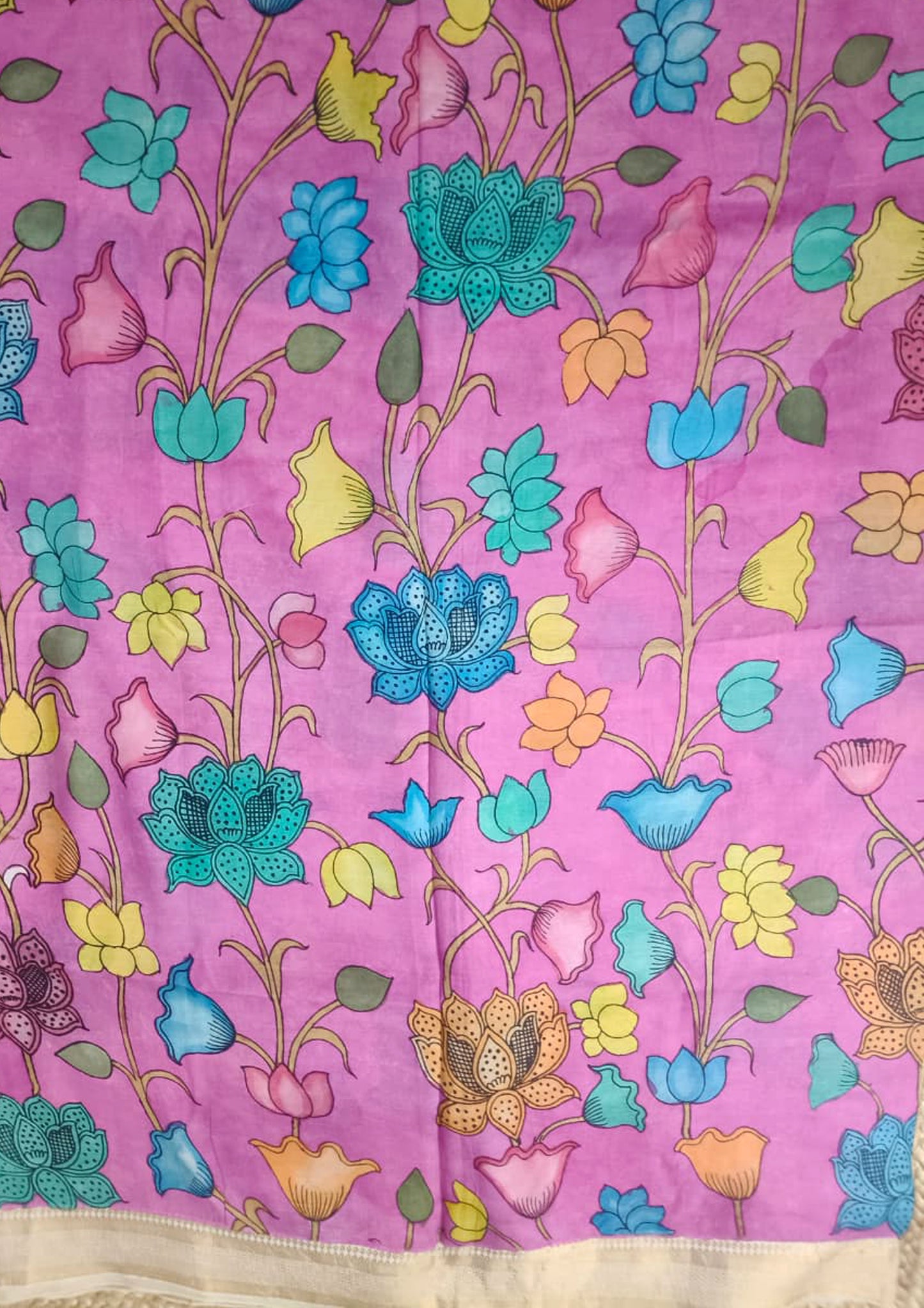 Handpainted Kalamkari Saree Cotton- Pink & Blue