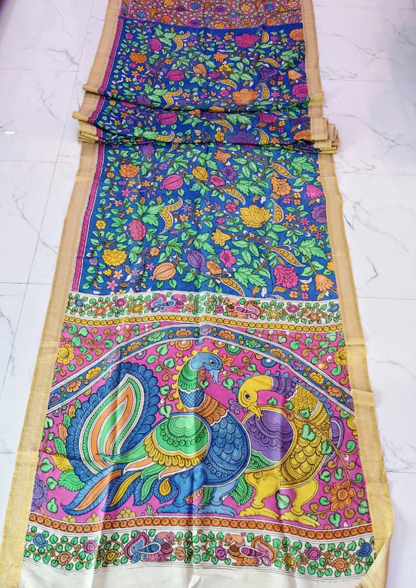 Handpainted Kalamkari Saree Cotton- Blue