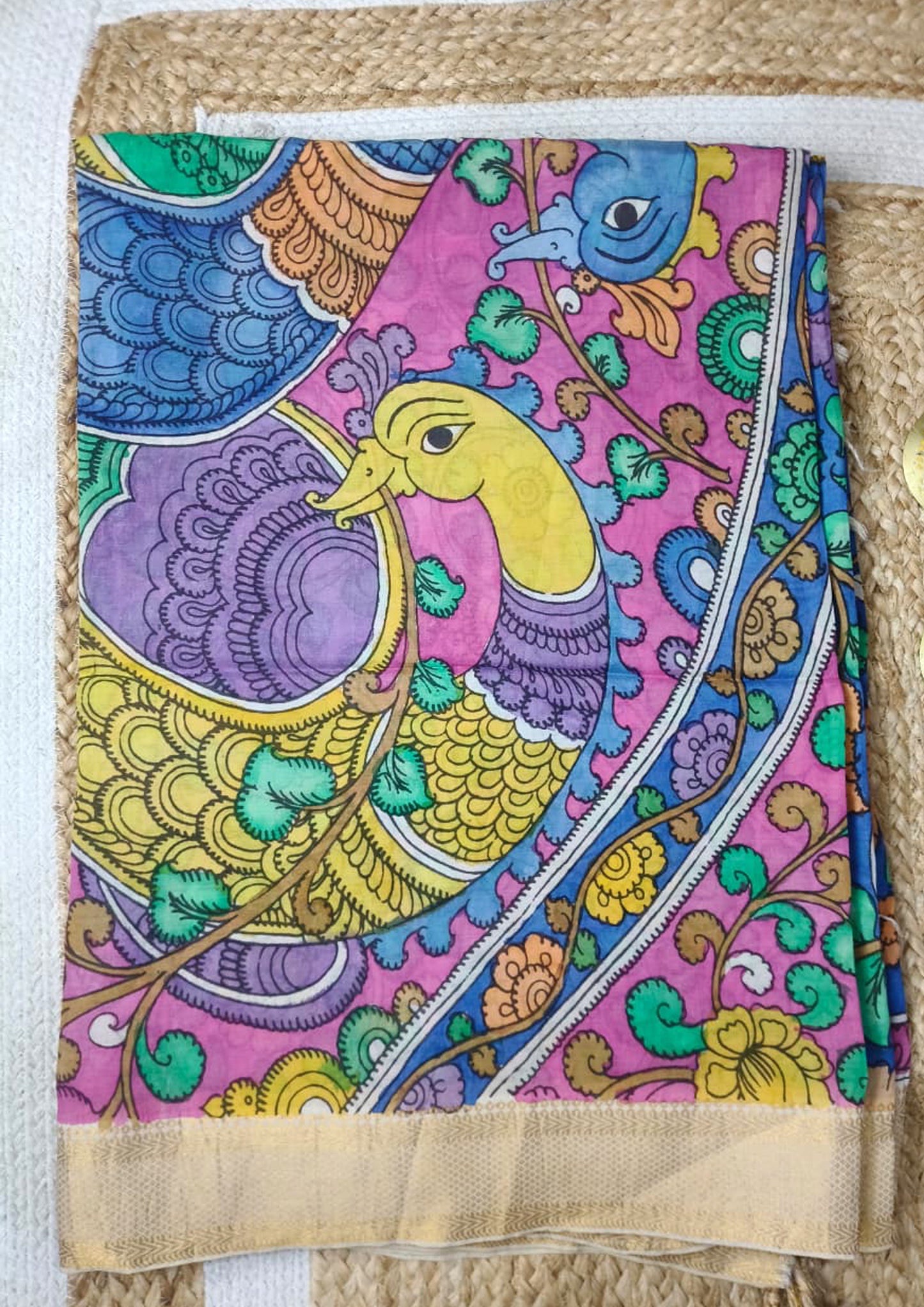 Handpainted Kalamkari Saree Cotton- Blue