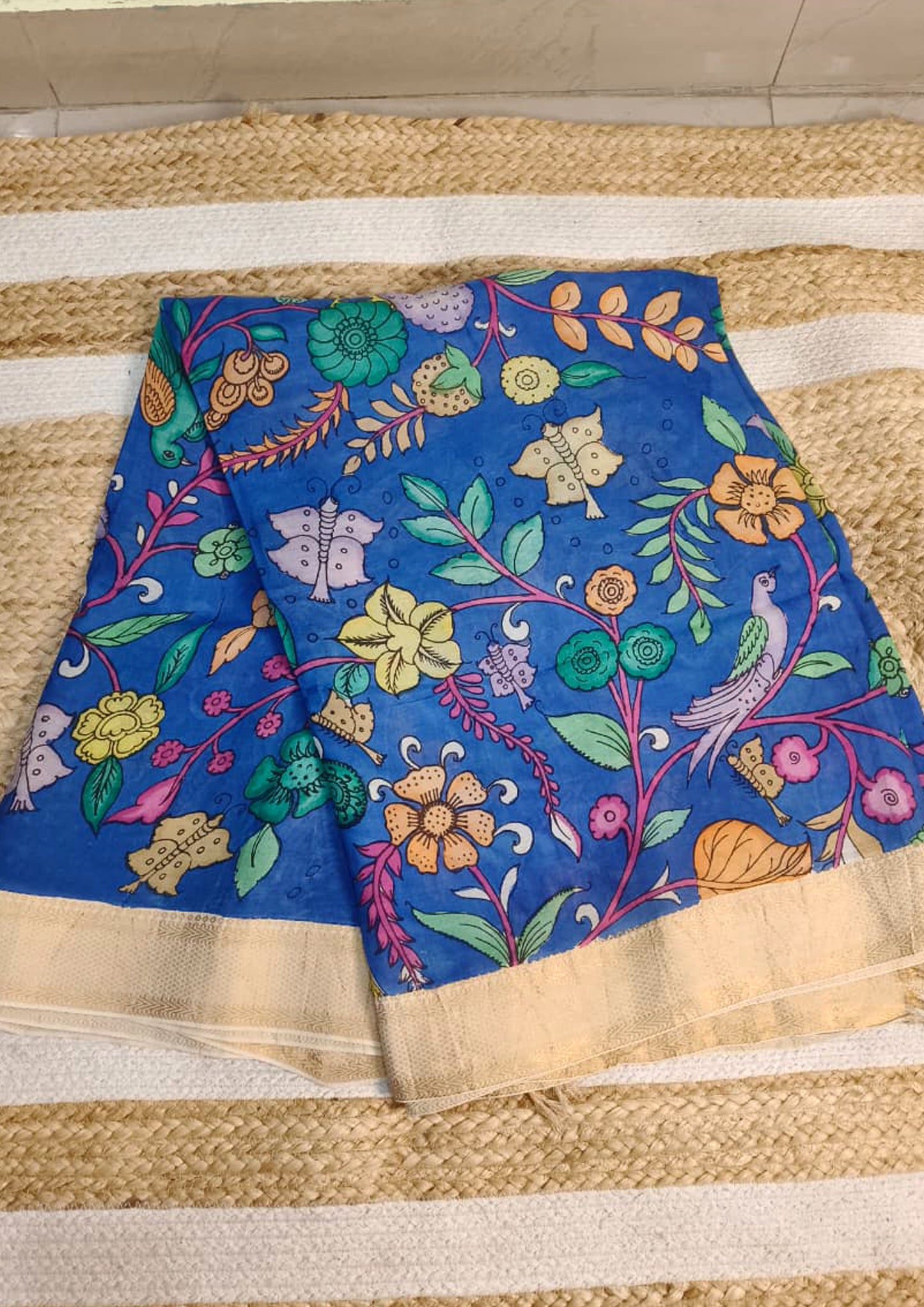 Handpainted Kalamkari Saree Cotton- Blue & Yellow KS2