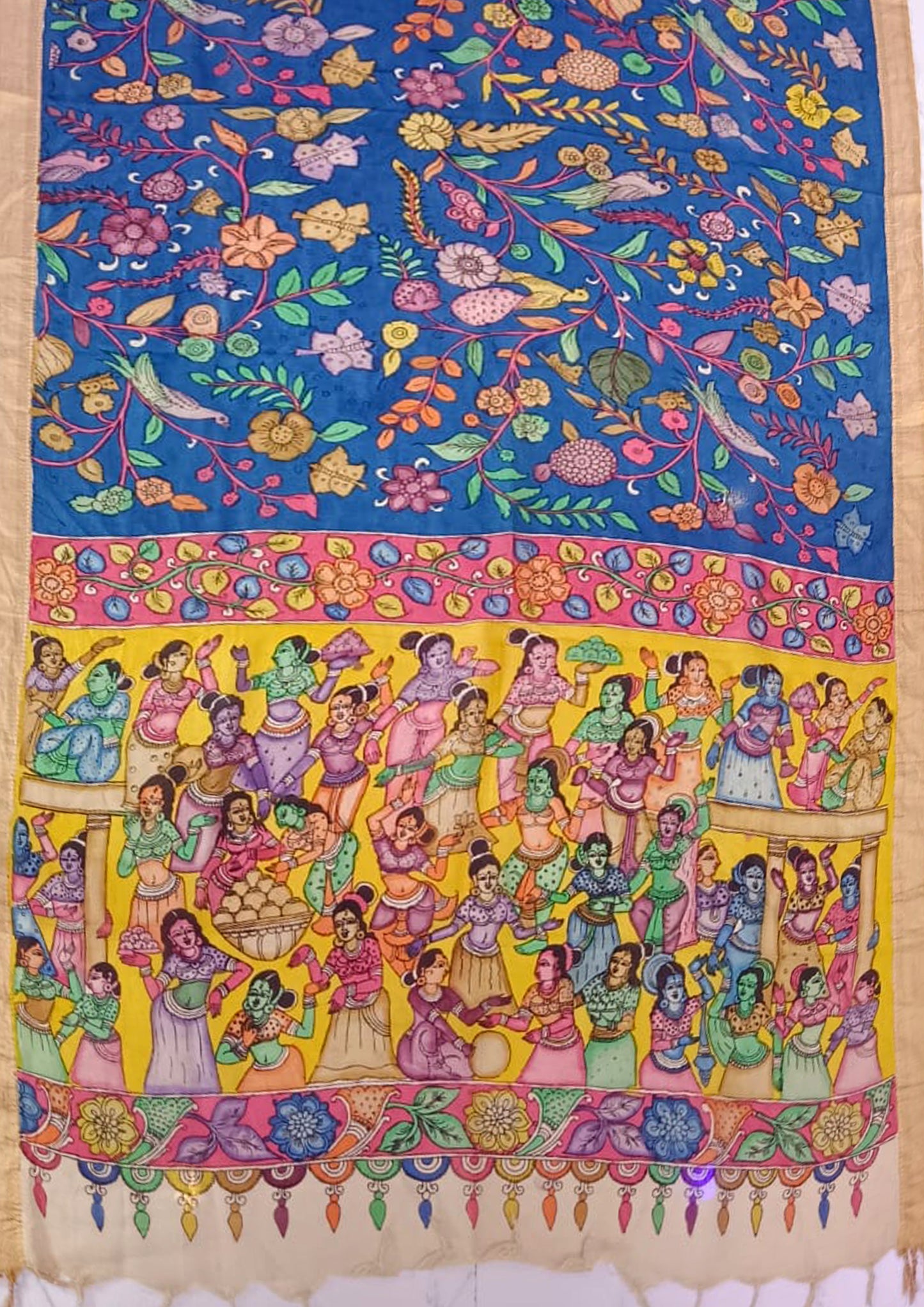 Handpainted Kalamkari Saree Cotton- Blue & Yellow KS2