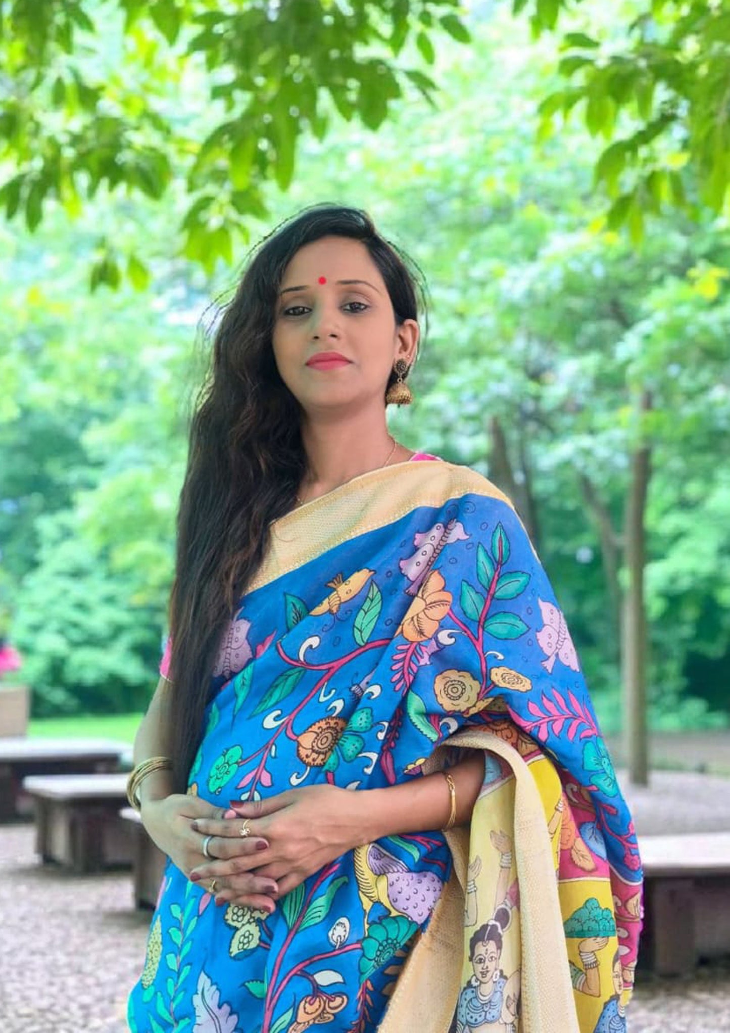 Handpainted Kalamkari Saree Cotton- Blue & Yellow KS2