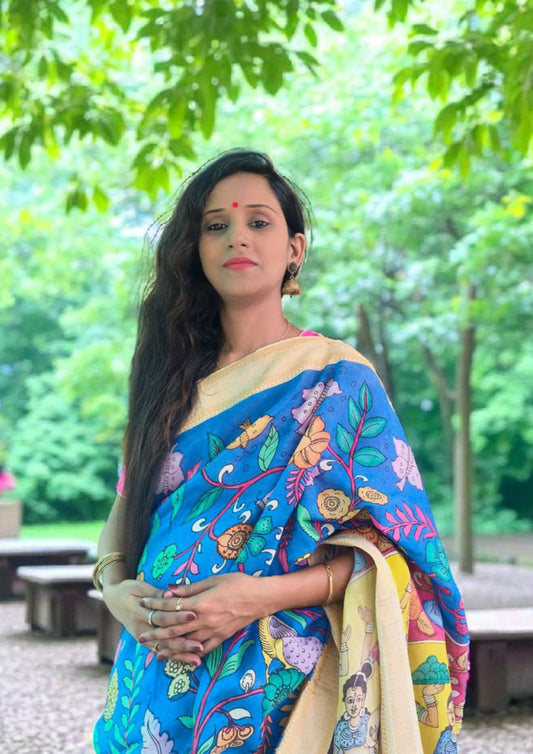 Handpainted Kalamkari Saree Cotton- Blue & Yellow KS2