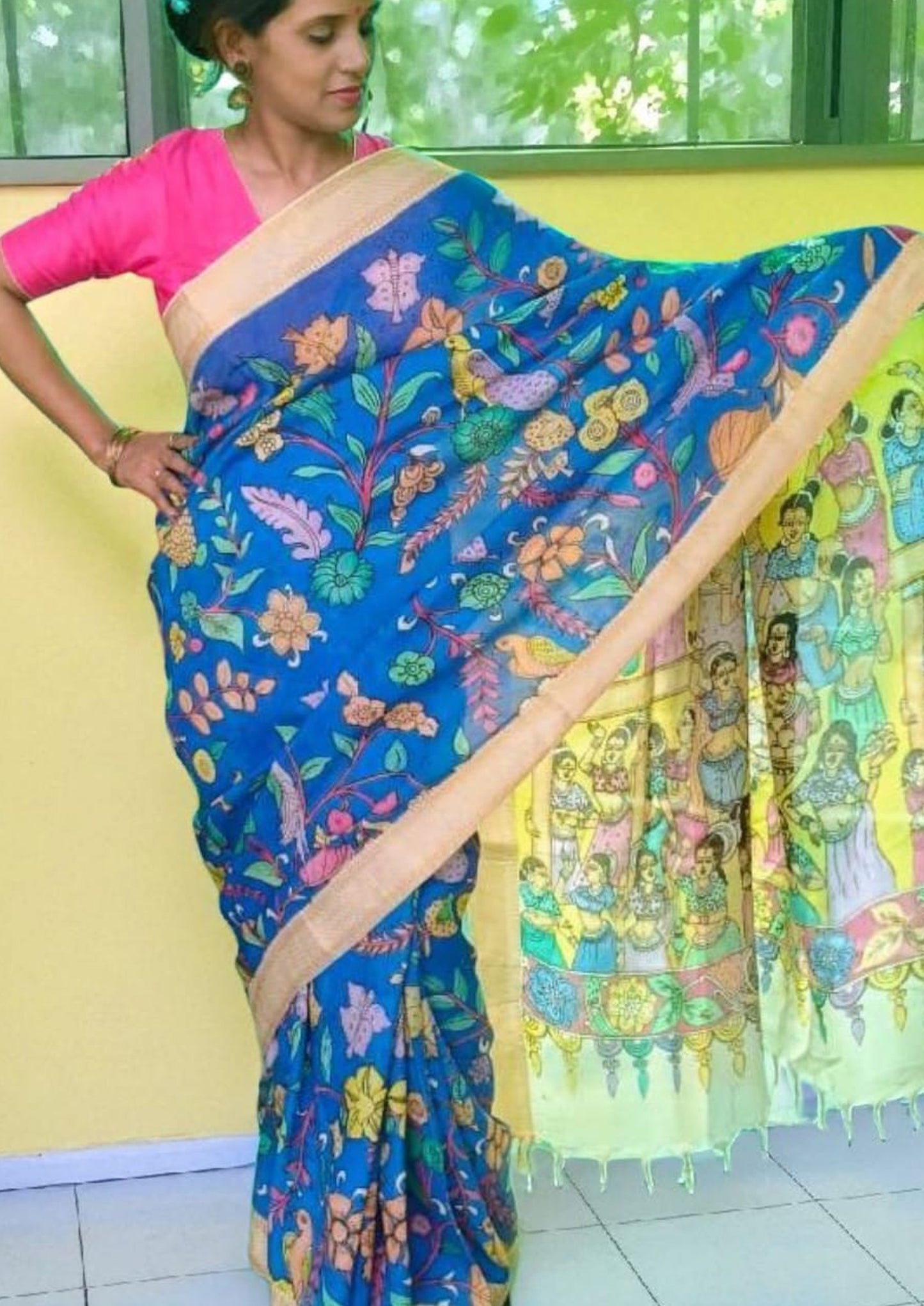 Handpainted Kalamkari Saree Cotton- Blue & Yellow KS2