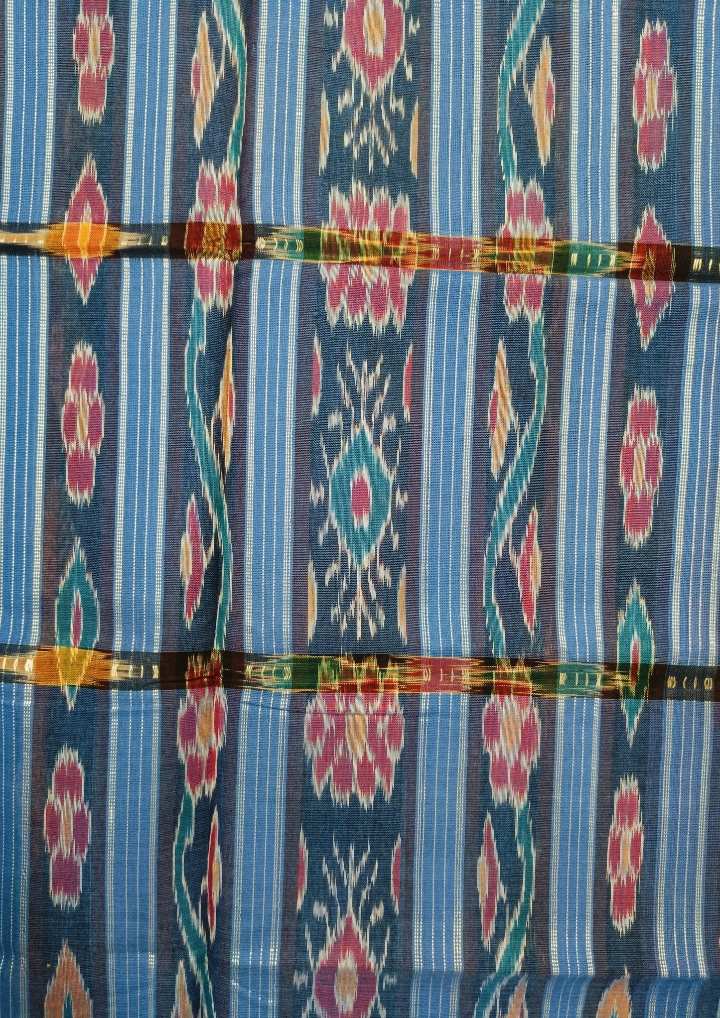Khadi Ikat Cotton Saree- Dull Blue wide check