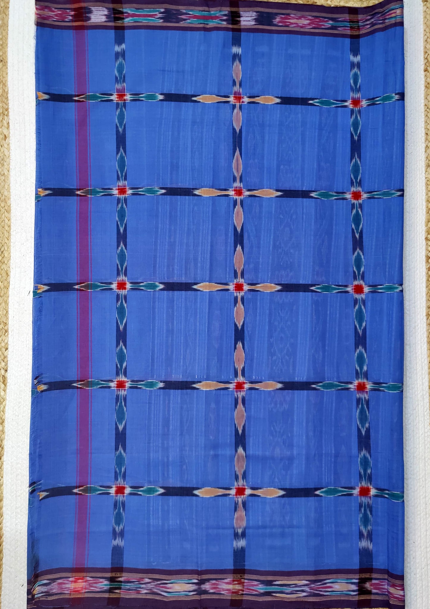 Khadi Ikat Cotton Saree- Dull Blue wide check
