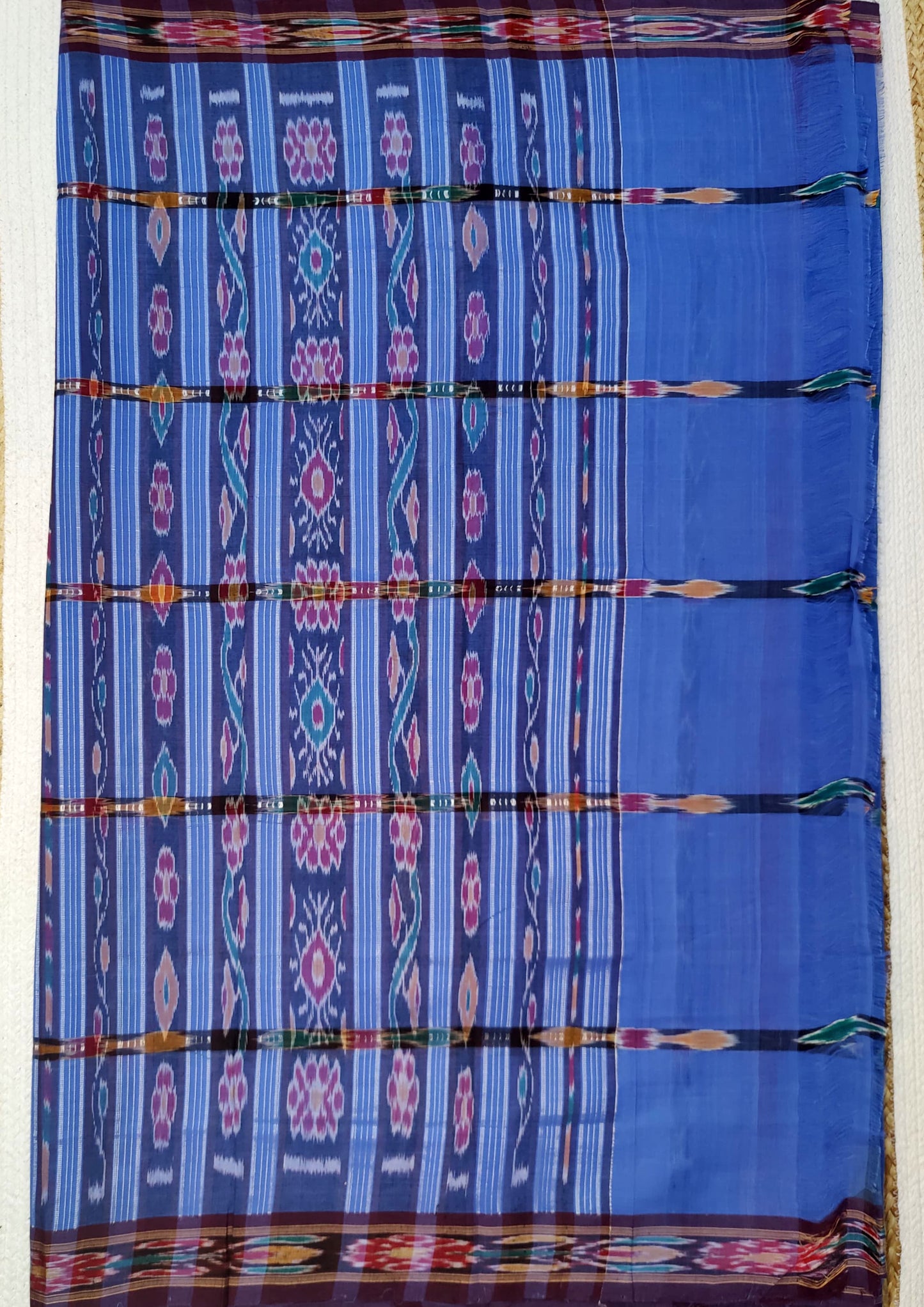 Khadi Ikat Cotton Saree- Dull Blue wide check