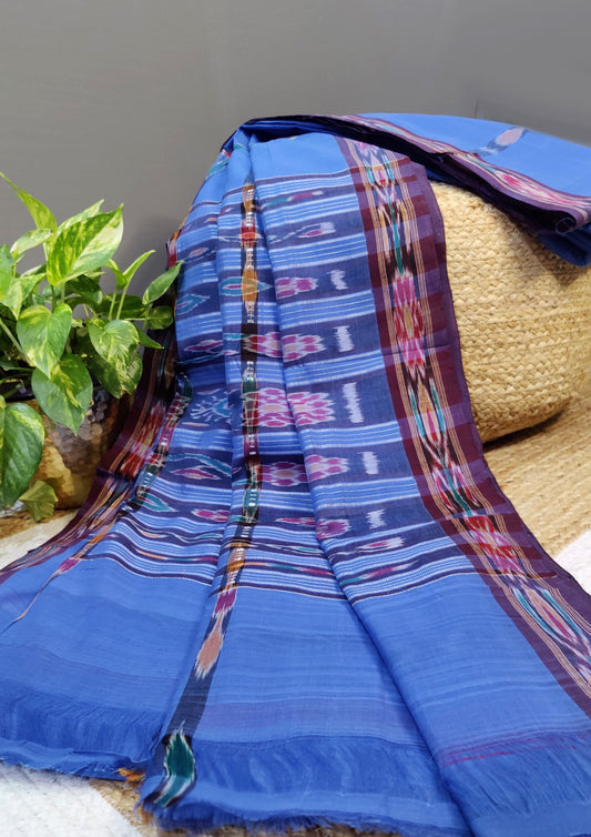 Khadi Ikat Cotton Saree- Dull Blue wide check