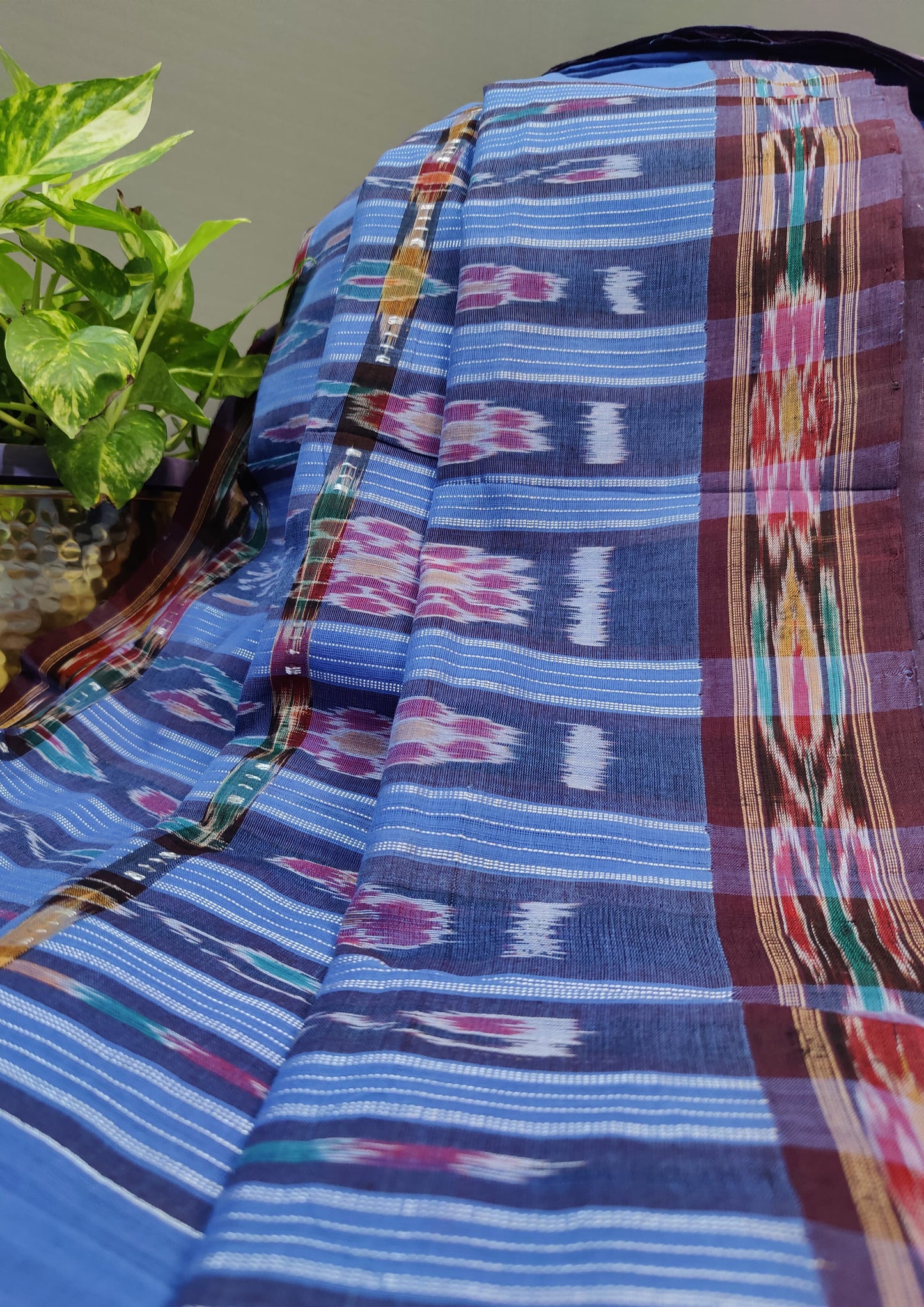 Khadi Ikat Cotton Saree- Dull Blue wide check