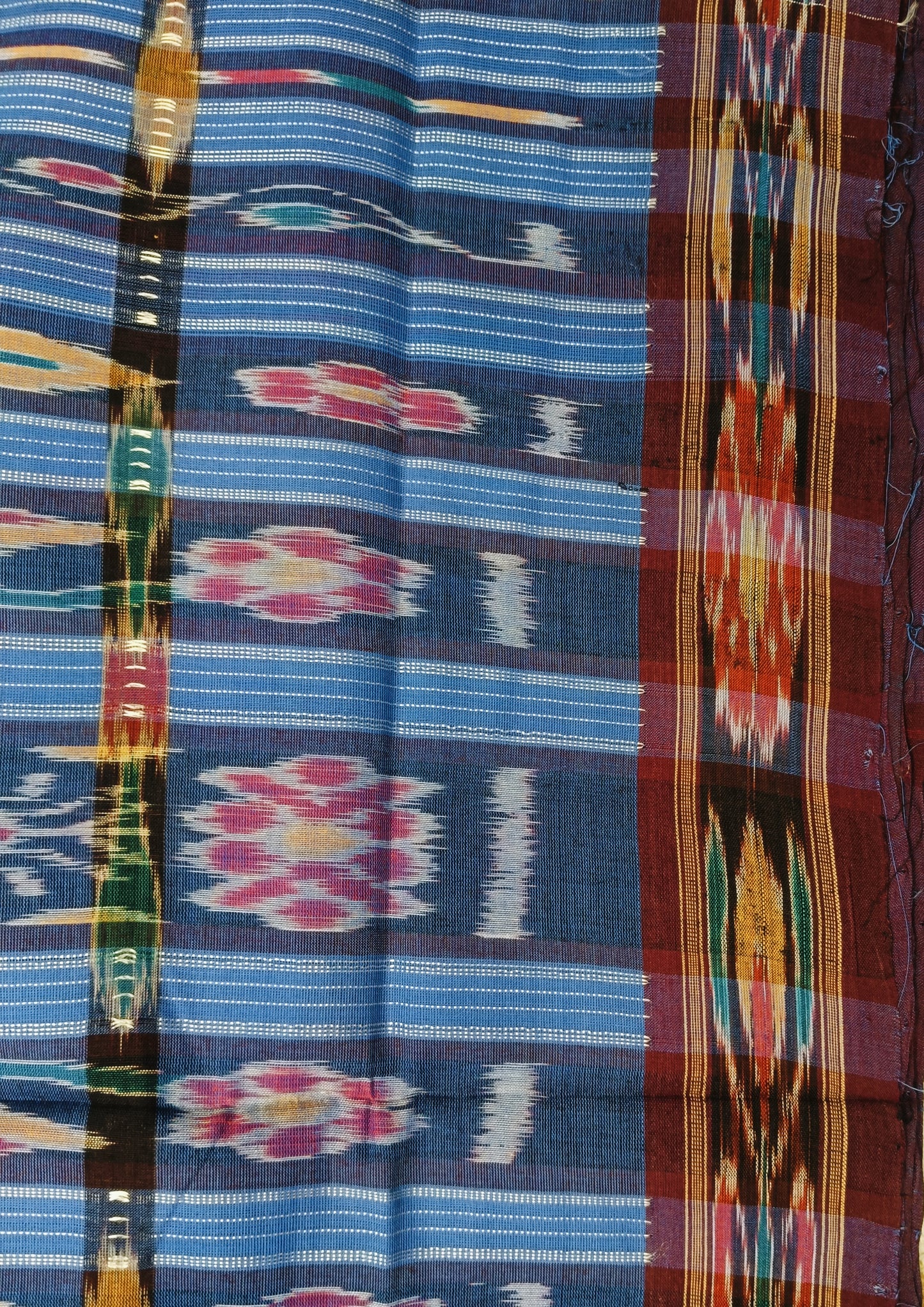 Khadi Ikat Cotton Saree- Dull Blue wide check