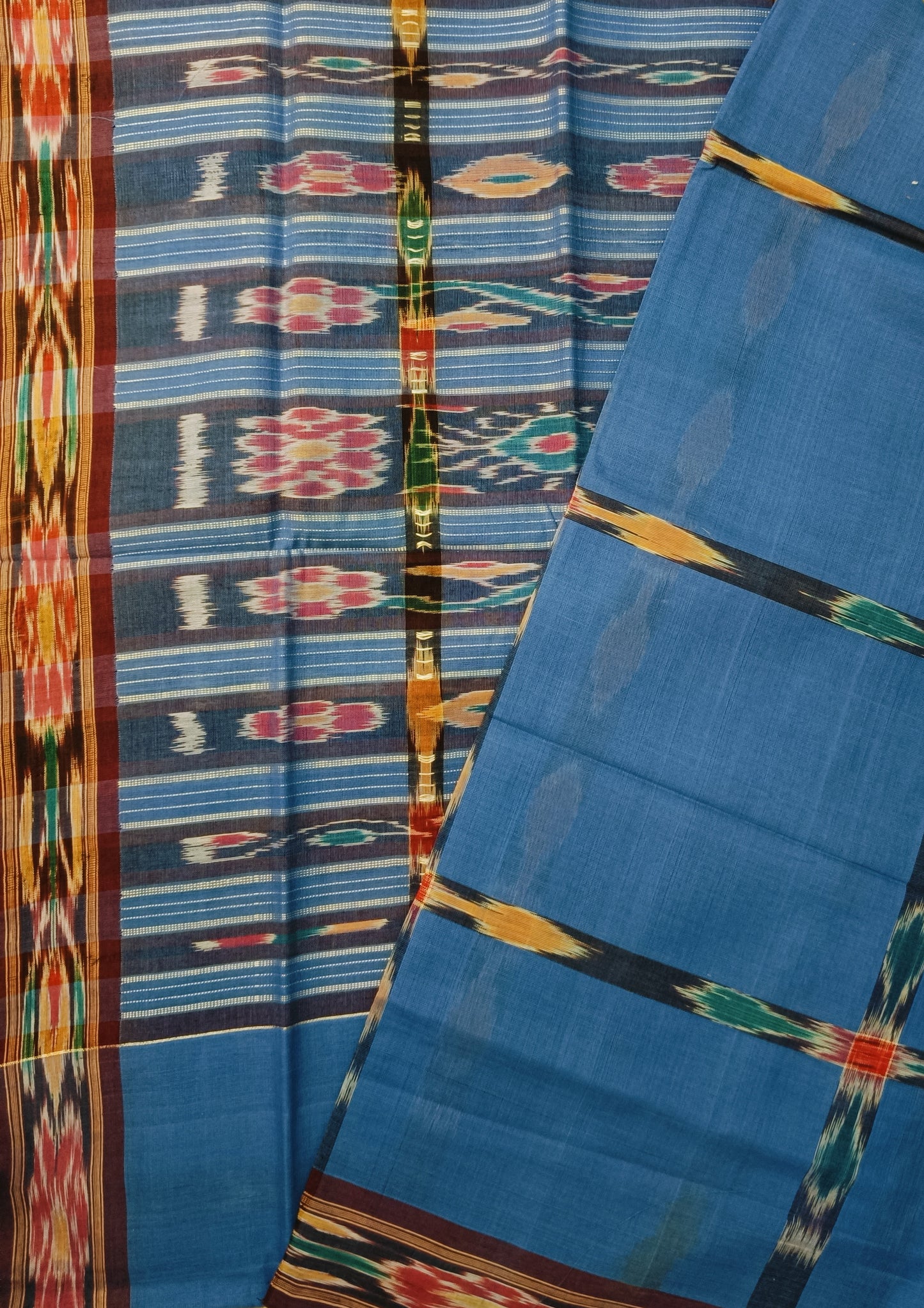 Khadi Ikat Cotton Saree- Dull Blue wide check