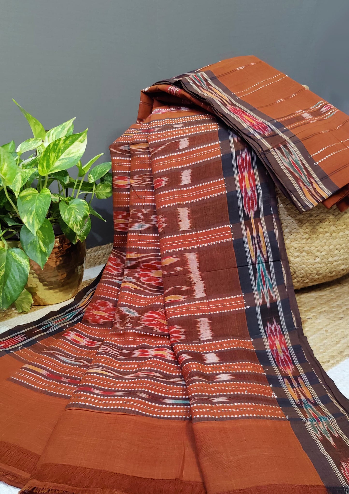 Khadi Ikat Cotton Saree- Brown 1