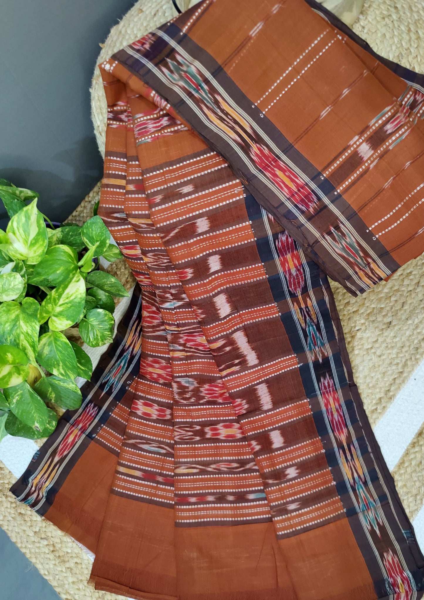 Khadi Ikat Cotton Saree- Brown 1