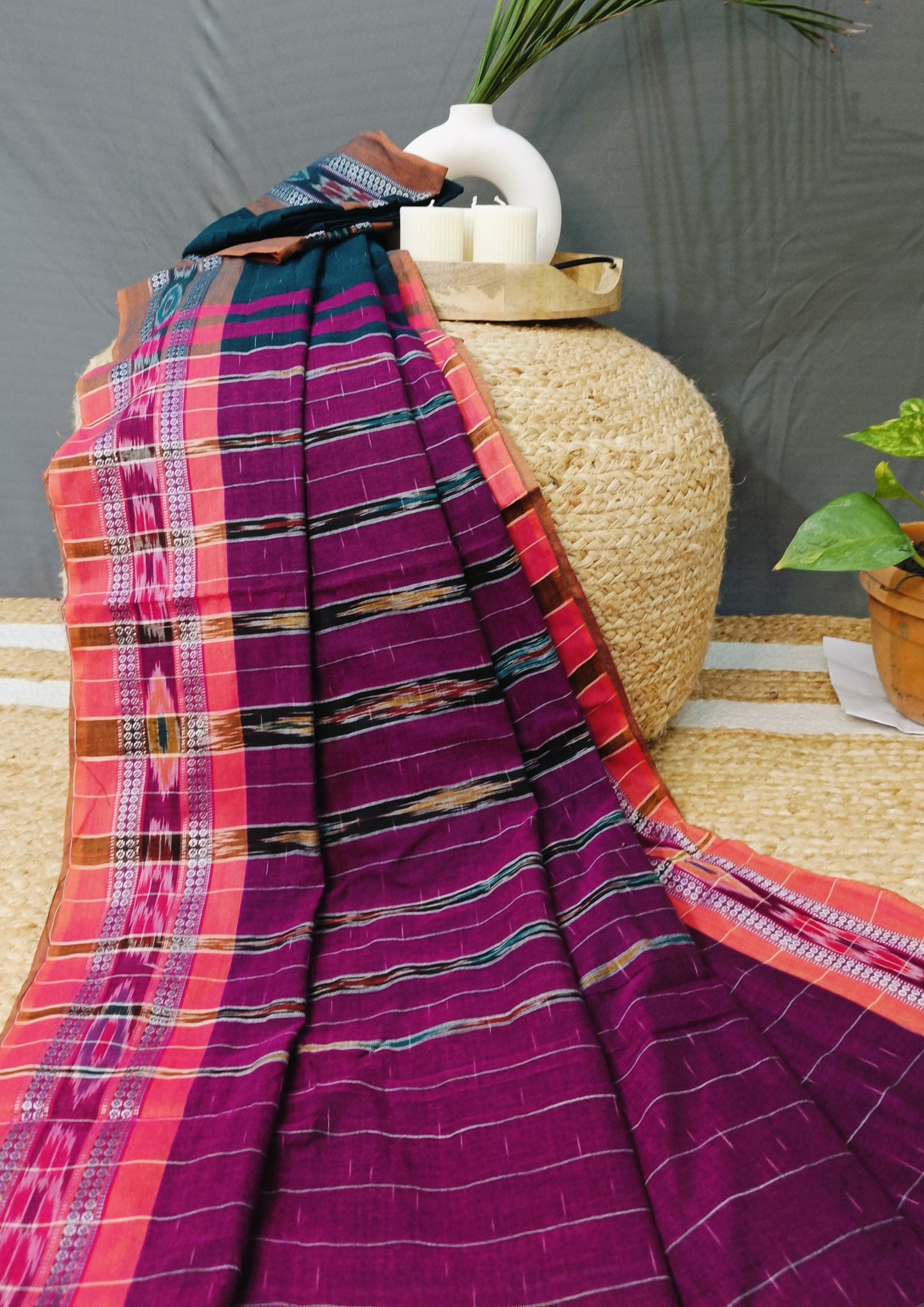 Khadi Ikat Cotton Saree- Dark Green & Magenta