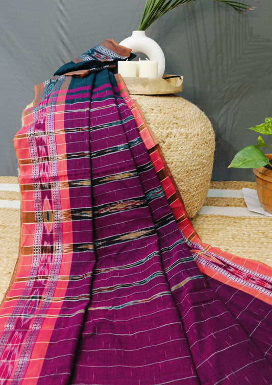 Khadi Ikat Cotton Saree- Dark Green & Magenta