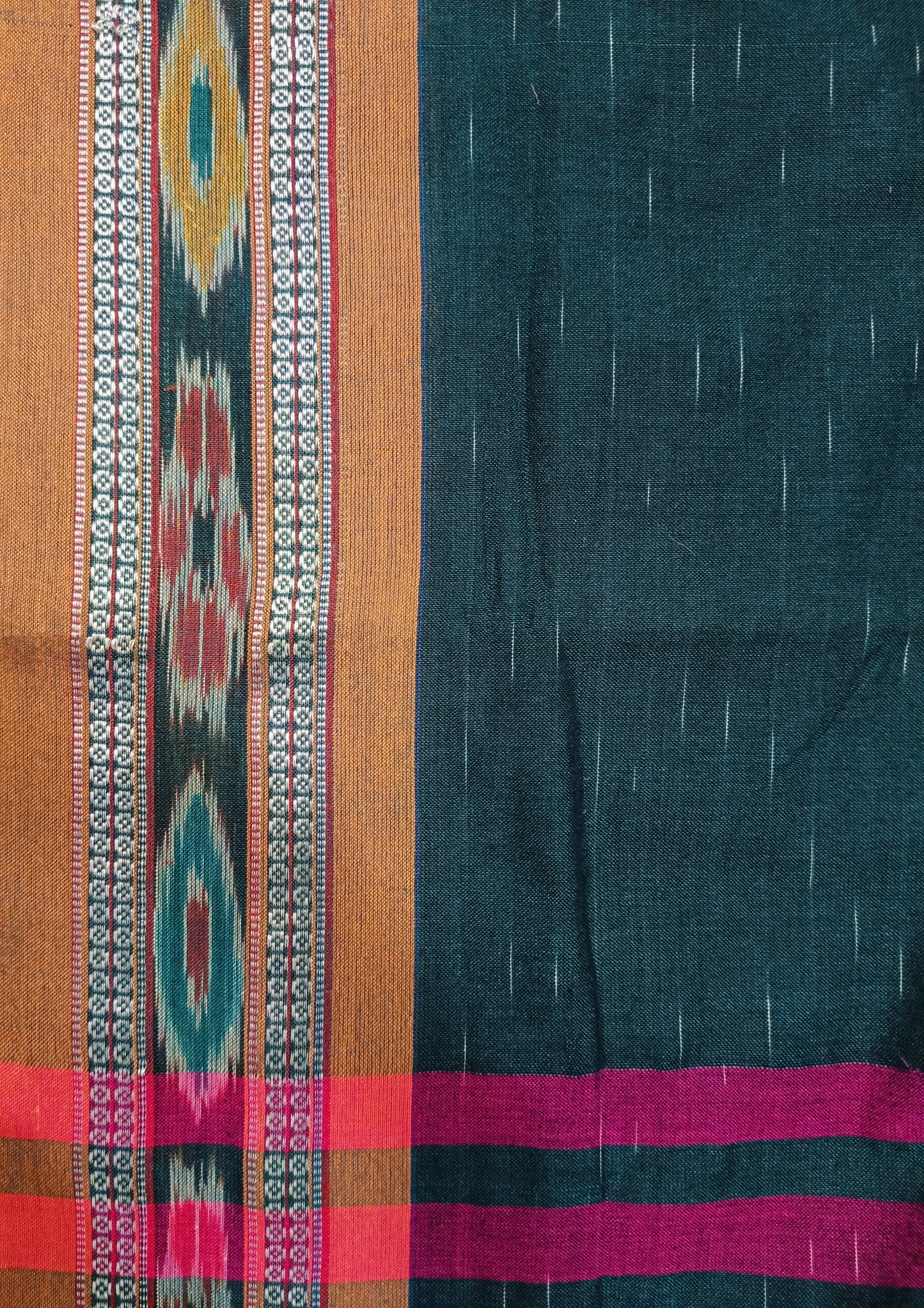 Khadi Ikat Cotton Saree- Dark Green & Magenta