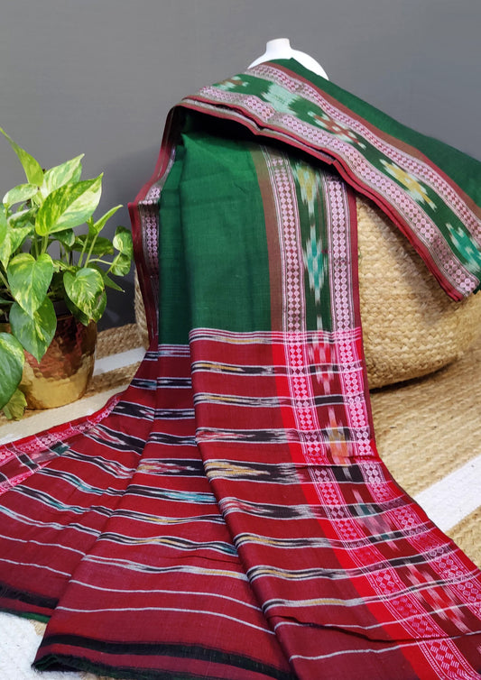 Khadi Ikat Cotton Saree- Green & Red