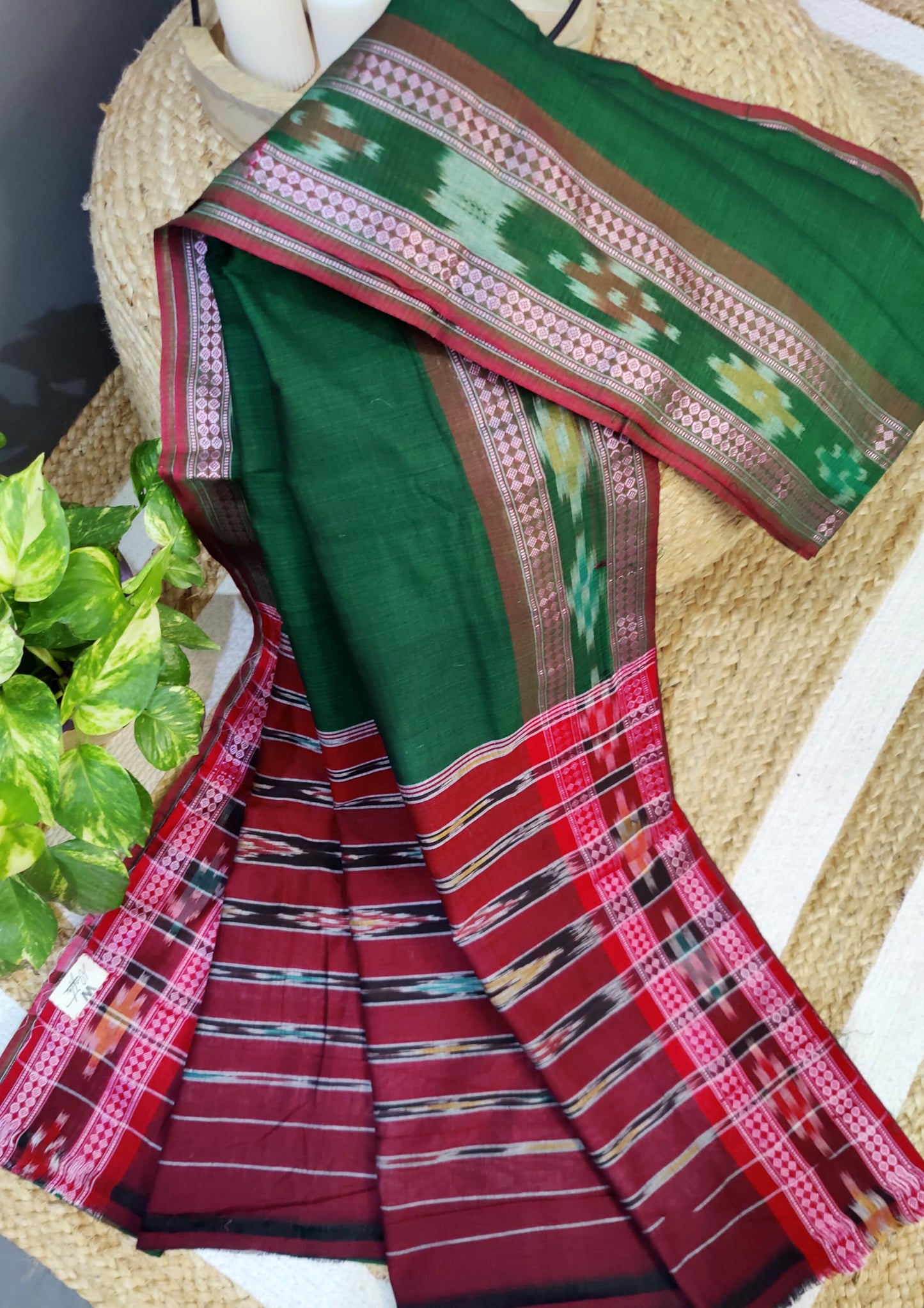 Khadi Ikat Cotton Saree- Green & Red