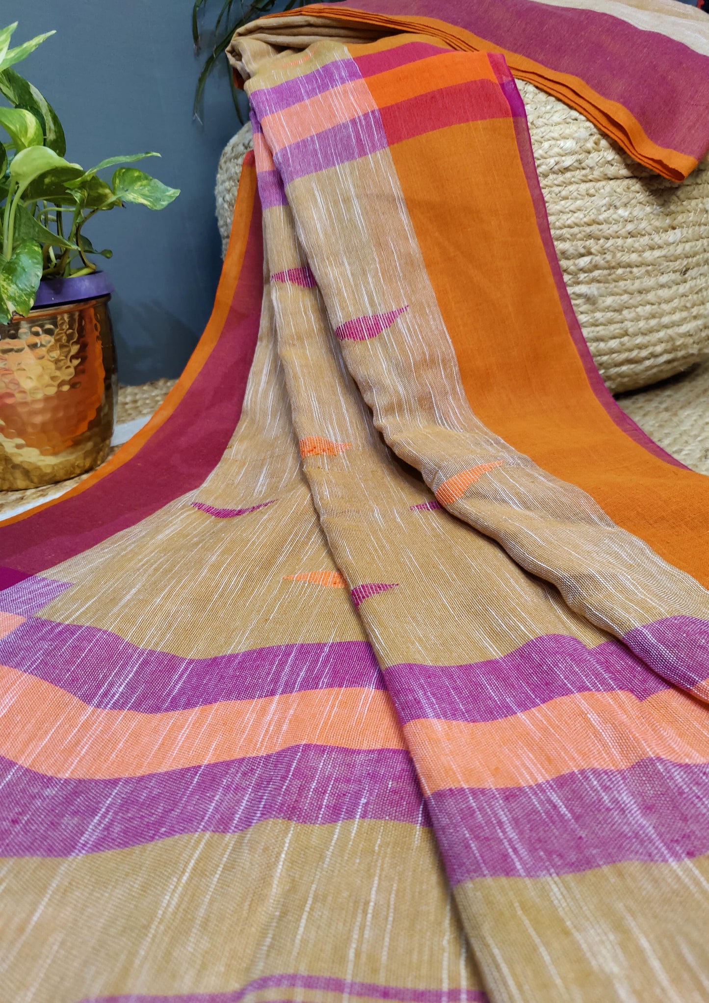 Khadi Linen Saree- Mustard Yellow