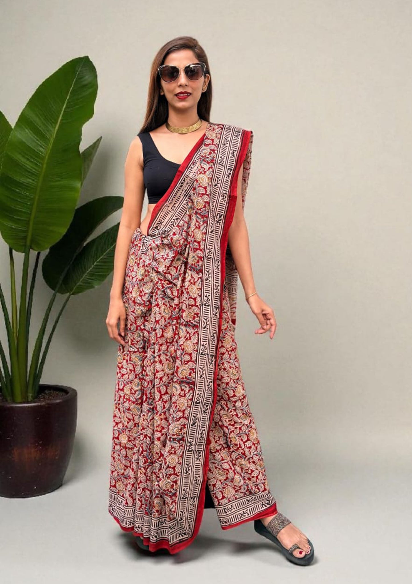 Handblock Printed Kalamkari Saree- HBK8