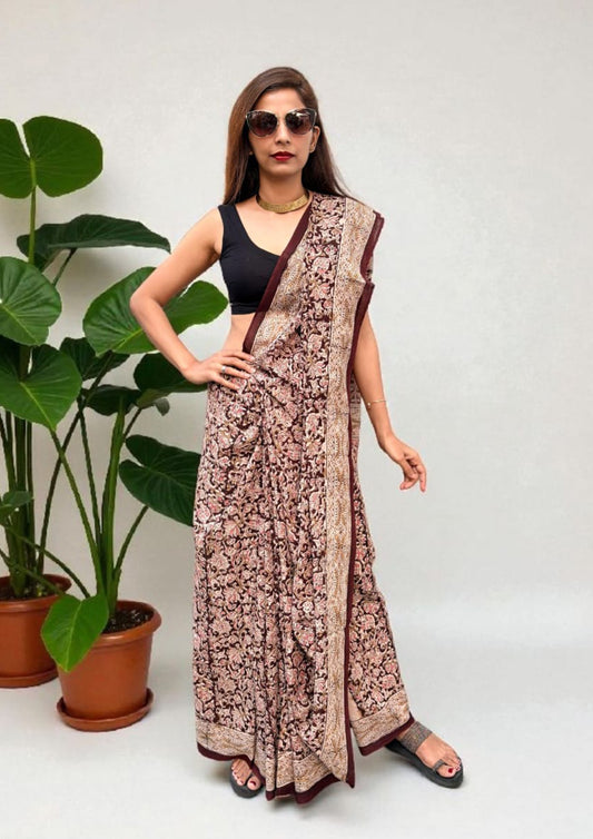 Handblock Printed Kalamkari Saree- HBK5