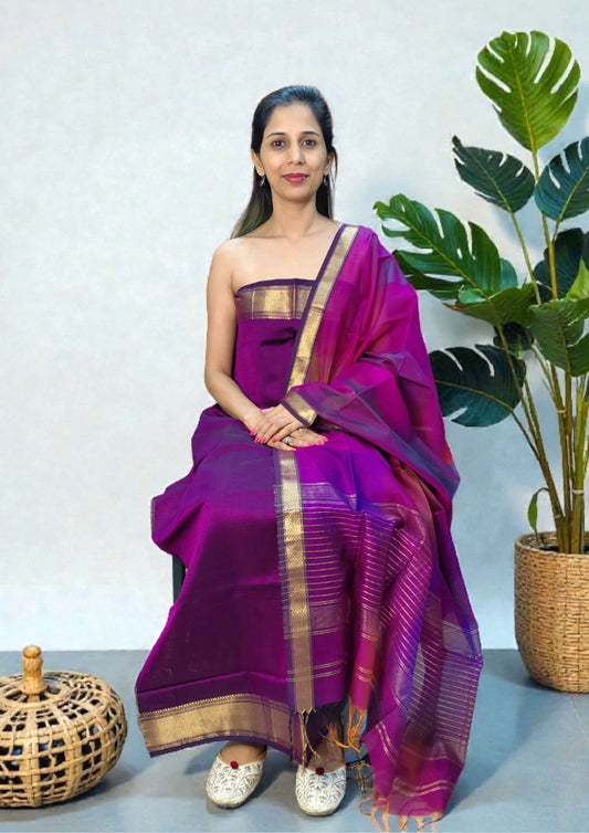 Maheshwari Silk Suit Set- Purple M22