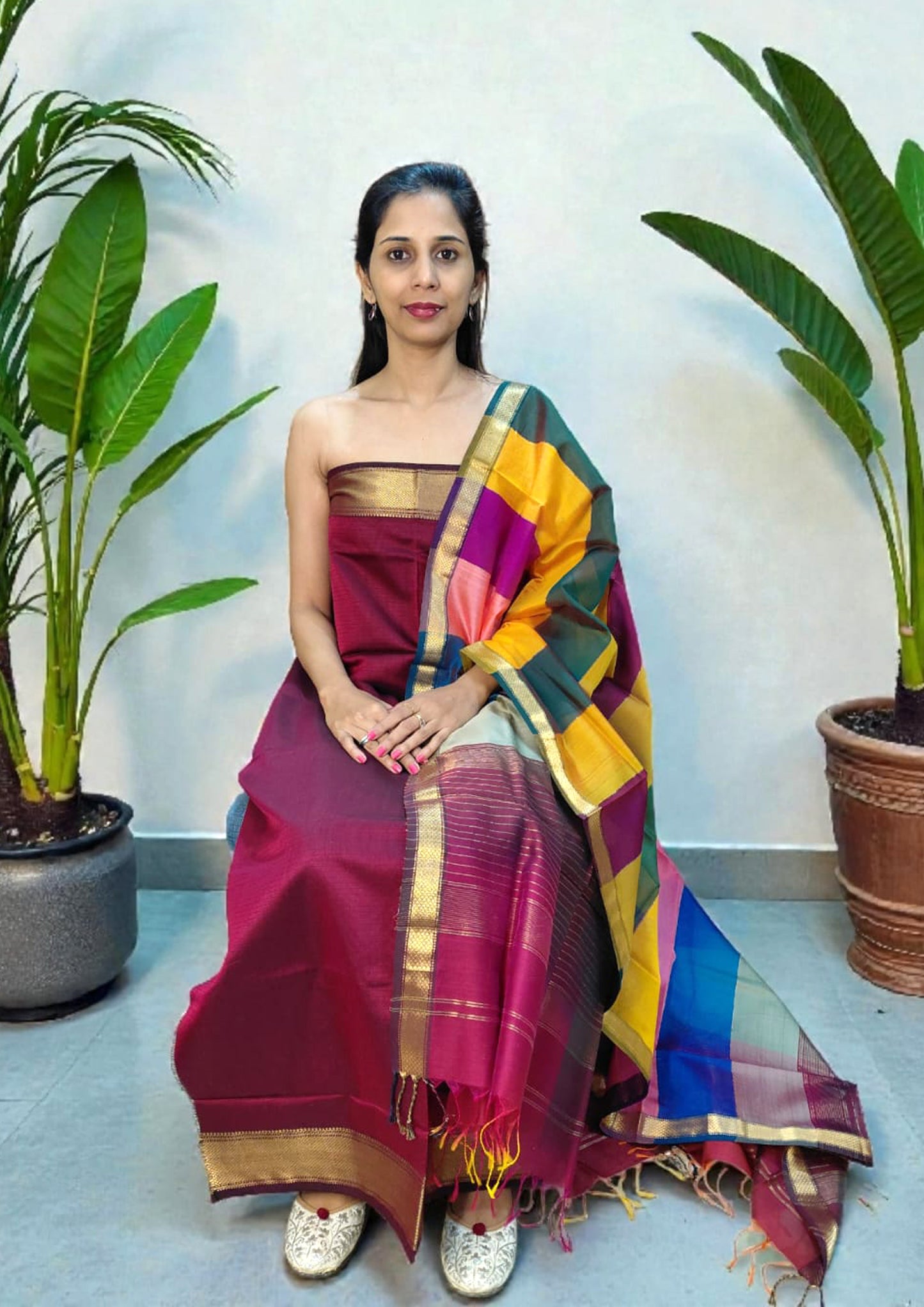 Maheshwari Silk Suit Set- Maroon M23