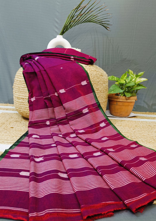 Cotton Jamdani Arrow Buti Saree- Magenta