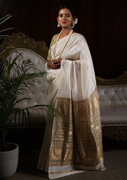 Maheshwari Saree- M1 White Beige