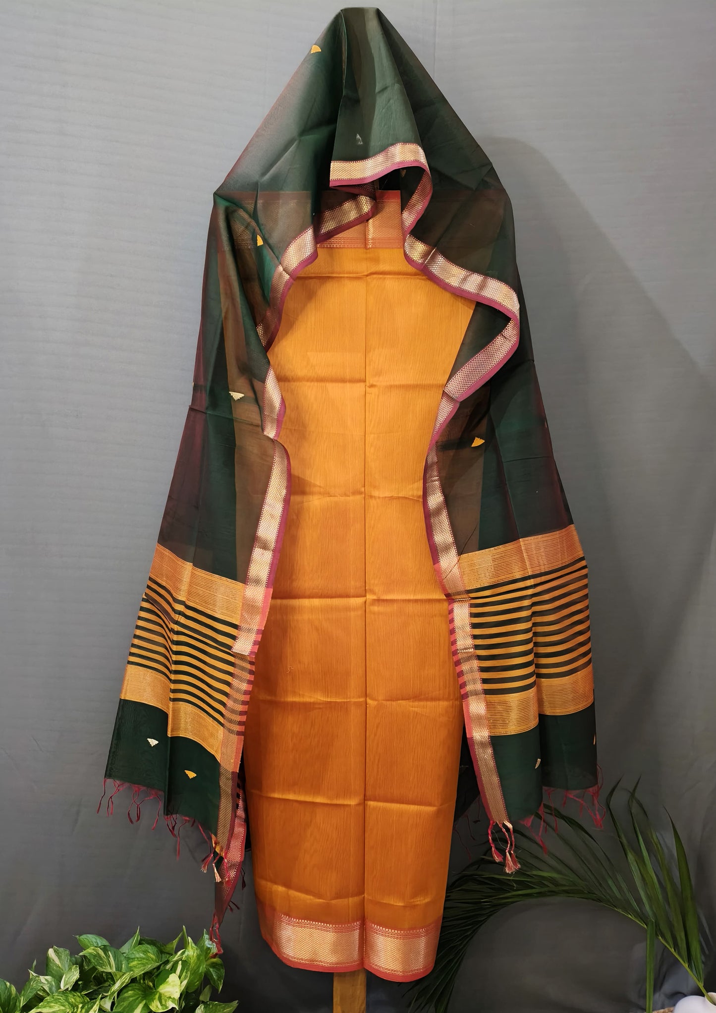 Maheshwari Silk Suit Set- Buti Mustard Yellow