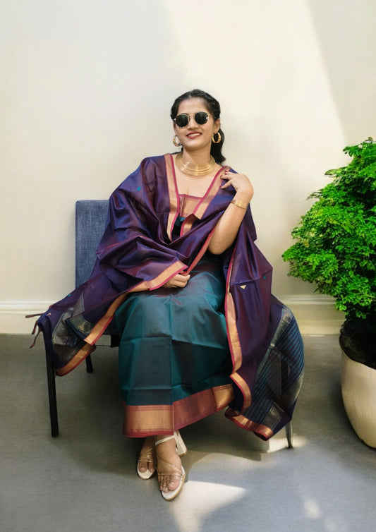 Maheshwari Silk Suit Set- Buti Turqoise