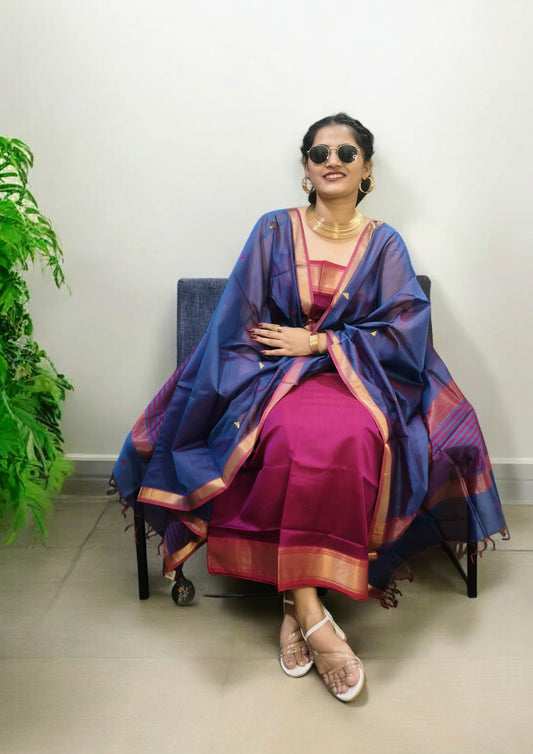 Maheshwari Silk Suit Set- Buti Pink1
