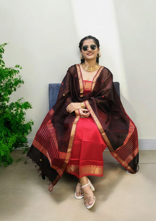 Maheshwari Silk Suit Set- Buti Red