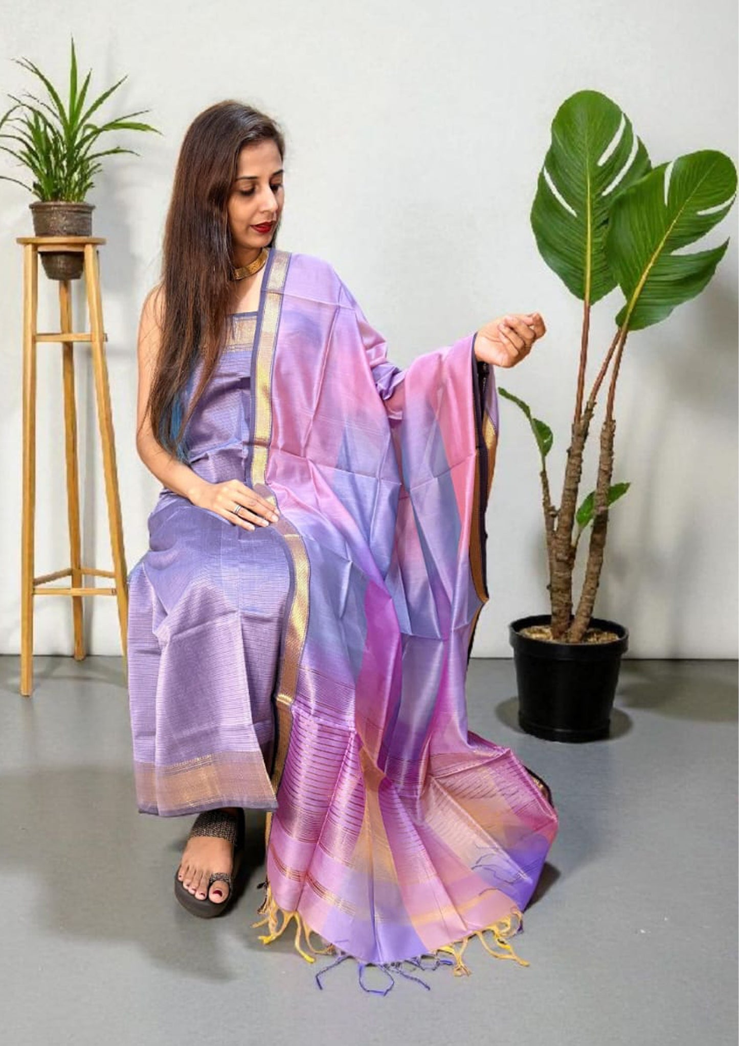 Maheshwari Silk Suit Set- Light Purple M19