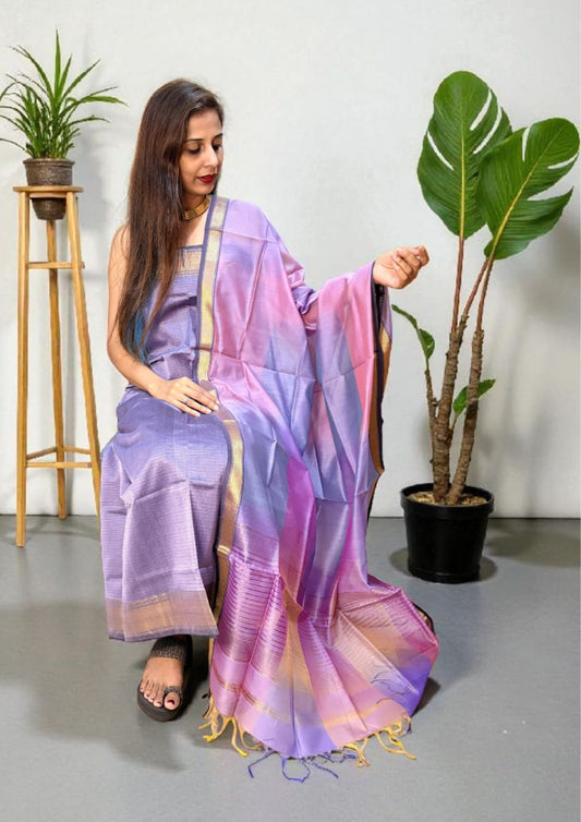 Maheshwari Silk Suit Set- Light Purple M19