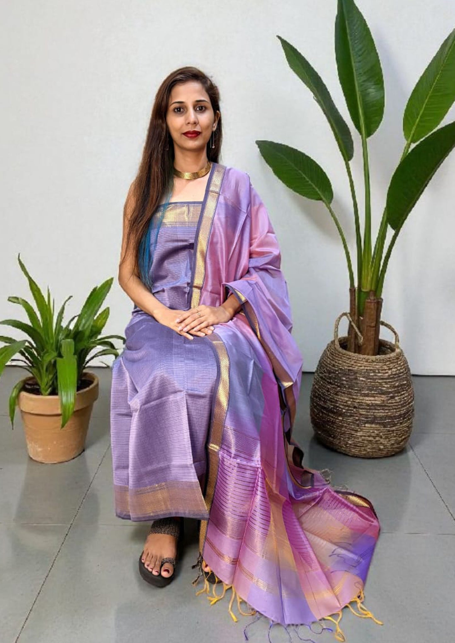 Maheshwari Silk Suit Set- Light Purple M19
