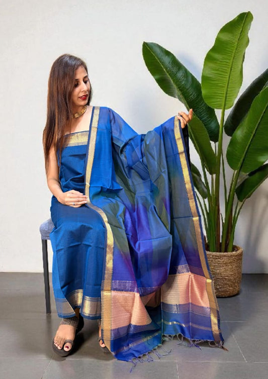 Maheshwari Silk Suit Set- Blue M17